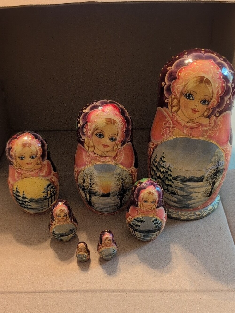 Hand-Painted Russian Nesting Doll - Pink & Purple Winter Scene - Picture 2 of 16